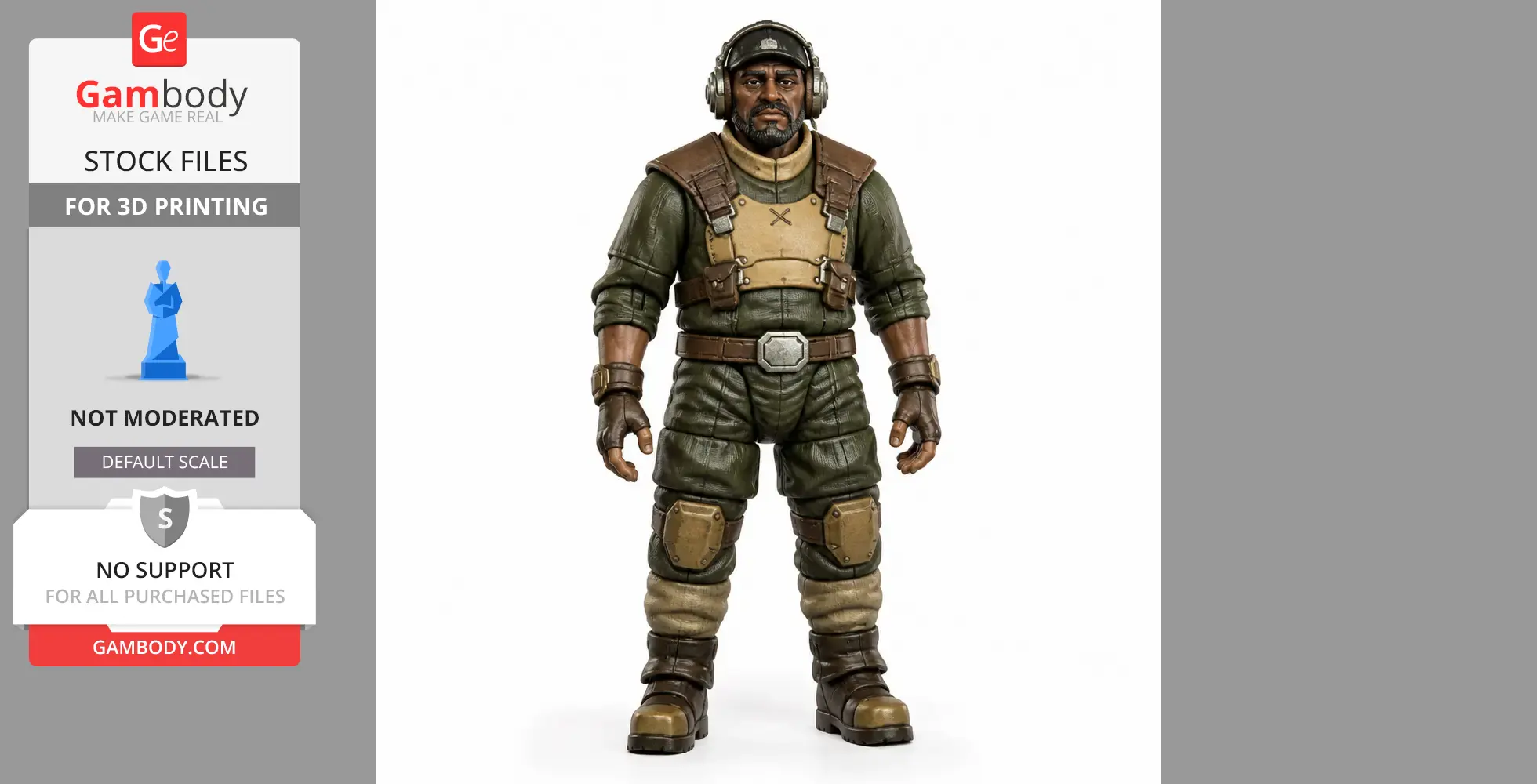 A rugged miner figurine in green and brown gear, wearing gloves and a cap with ear protection.