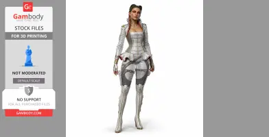 A detailed figurine of a female character in a white and gray outfit with red accents, suitable for 3D printing.