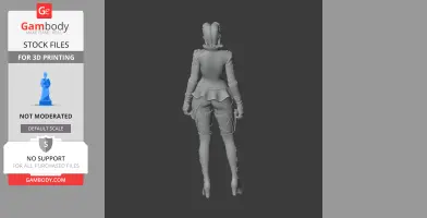 3D model of a female character in detailed attire, viewed from the back, designed for 3D printing.