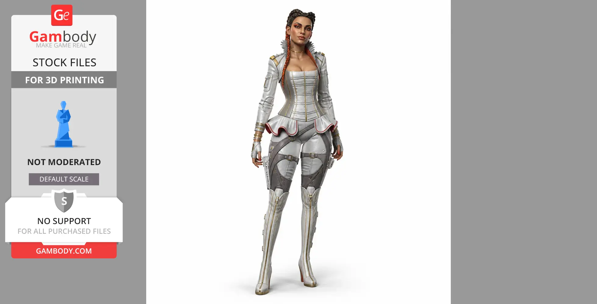 A detailed figurine of a female character in a white and gray outfit with red accents, suitable for 3D printing.