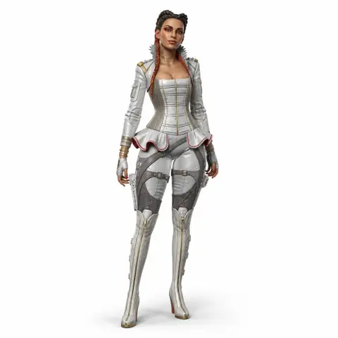 3D model of a confident woman in futuristic armor with braided hair, ready for 3D printing.