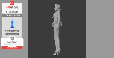 3D model of a standing female character in detailed attire, viewed from the side.