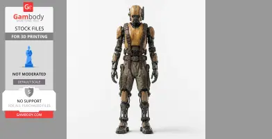 A detailed humanoid robot figurine with mechanical limbs and a yellowish torso, designed for 3D printing.