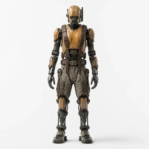 A humanoid robot figurine with mechanical limbs and chest armor in a 3D-printed model pose.