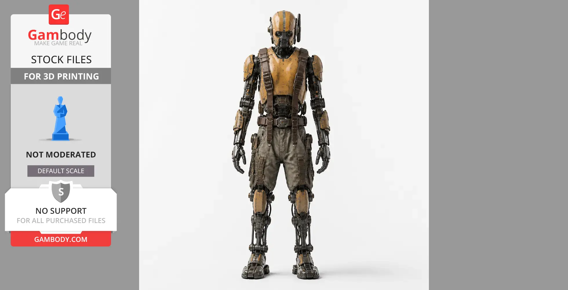 A detailed humanoid robot figurine with mechanical limbs and a yellowish torso, designed for 3D printing.