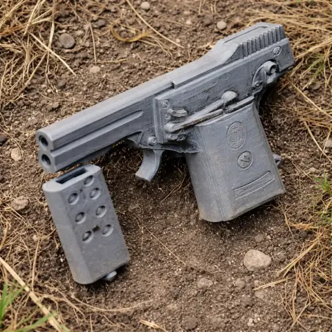3D-printed Kolibri pistol prop with detachable magazine, displayed on dirt and grass.