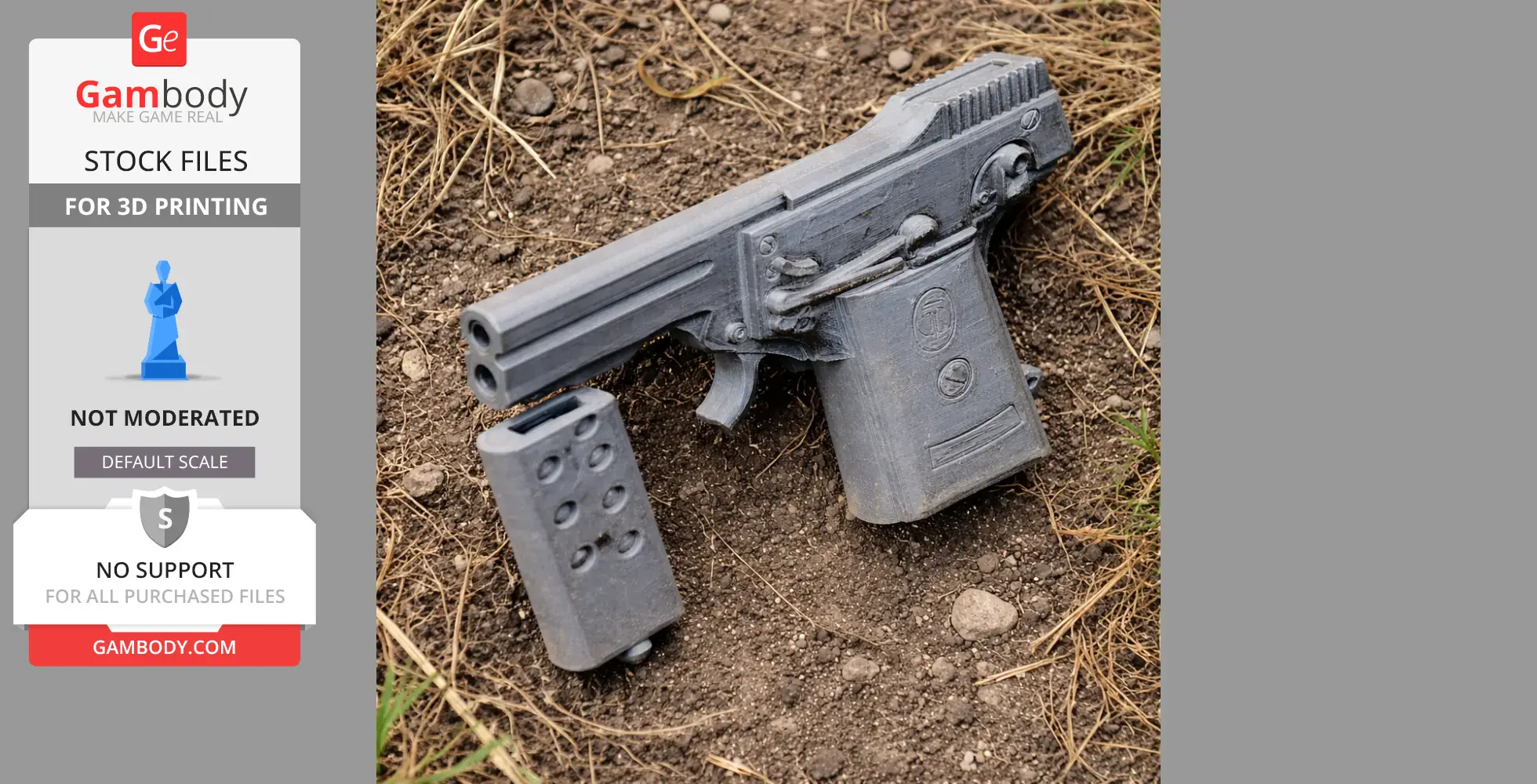3D-printed Kolibri pistol prop with detachable magazine on dirt ground.