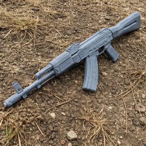 A 3D-printed AK-101 rifle prop lies on dry, rocky ground with sparse grass.