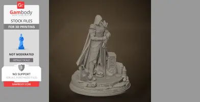 Hooded warrior in armor with a sword, standing on a detailed base with skulls and objects.
