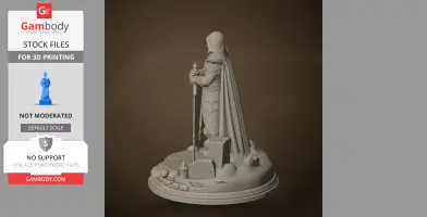 Hooded warrior statue with sword, detailed armor, and cape, standing on a decorative base.