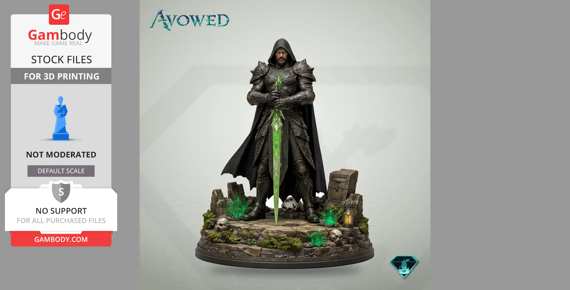 A hooded warrior in ornate armor holds a glowing green sword, standing on a rocky base with skulls and plants.