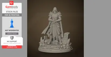 Hooded warrior figure with detailed armor, holding a sword, standing on a decorated base with skulls.