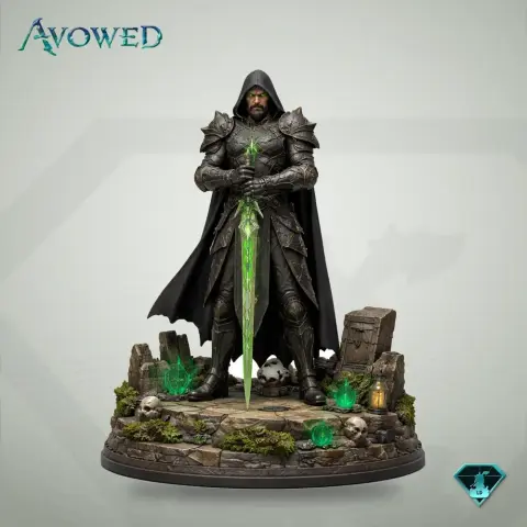 Dark-armored figure with a hood, holding a glowing green sword, stands on a detailed rocky base.