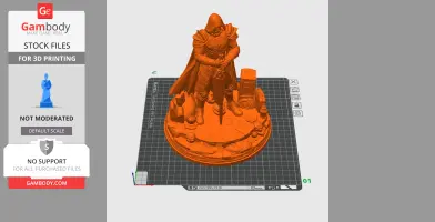 A hooded character figure in armor with a sword, standing on a detailed circular base with skulls and structures.