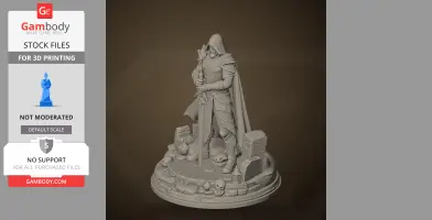 Hooded warrior figure with armor and sword, standing on a detailed base with skulls and cobblestones.