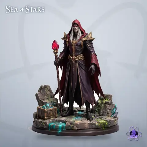 A hooded character in dark robes holds a glowing staff, standing on a detailed stone base with chests.