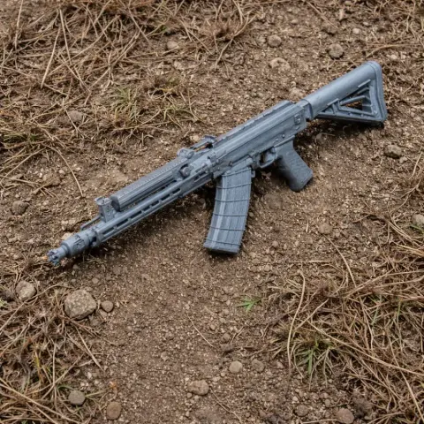 A 3D-printed AK-102 cosplay prop on dirt and grass.