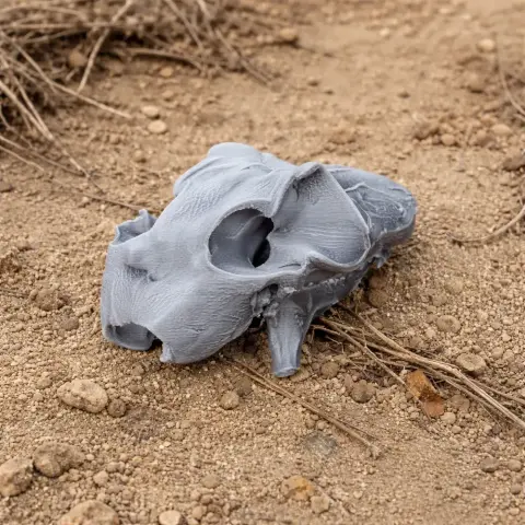 3D-printed Sunda Flying Lemur skull replica on sandy ground.