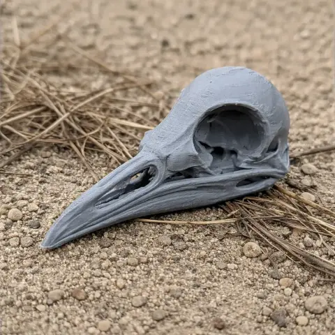 3D printed model of a Superb Lyrebird skull on a textured, sandy surface with scattered twigs.