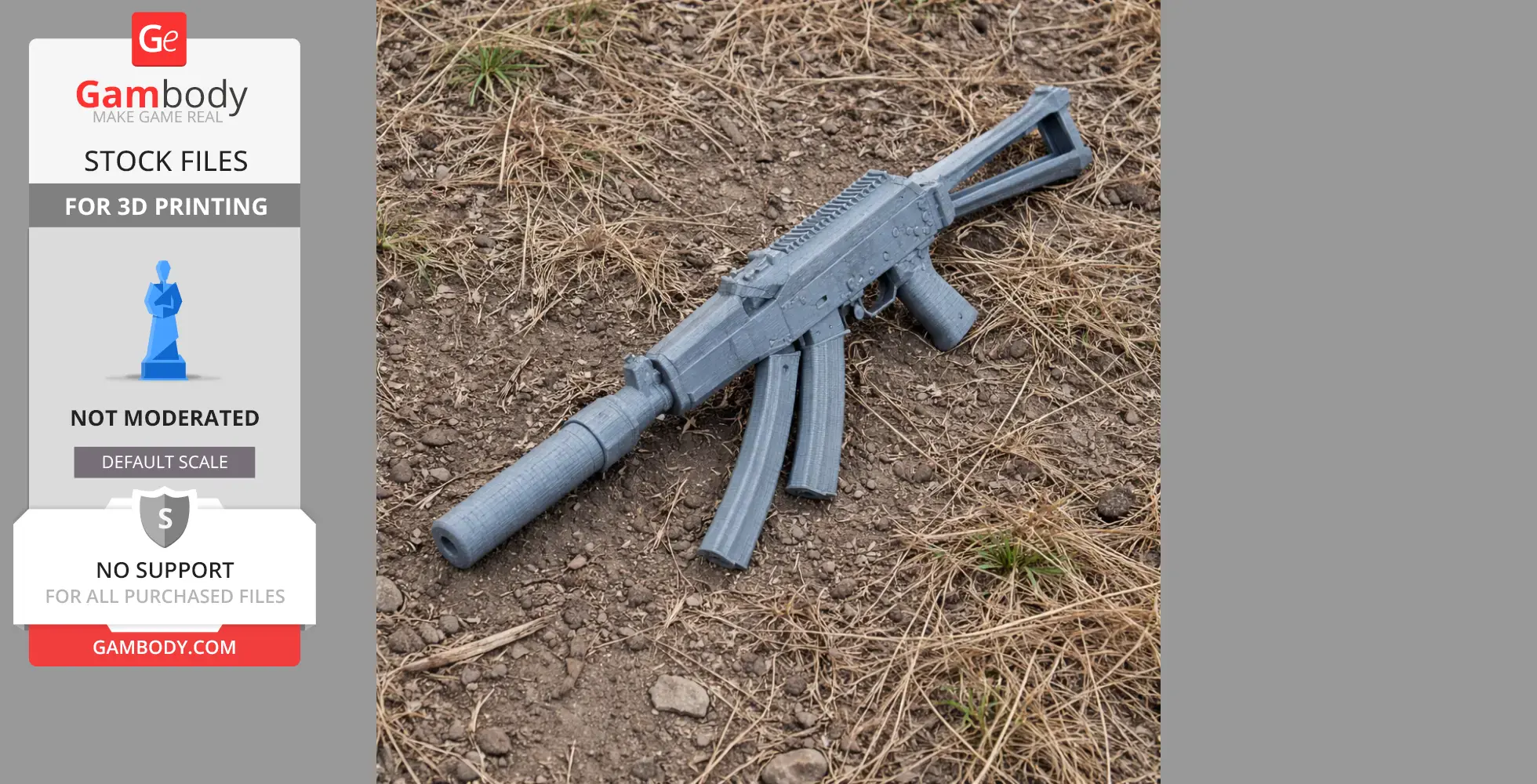 3D printed AK-9 cosplay prop lying on dry grass and soil.