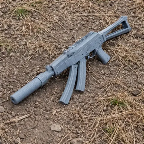 A 3D-printed gray AK-9 cosplay prop with two magazines, resting on dry grass and soil.