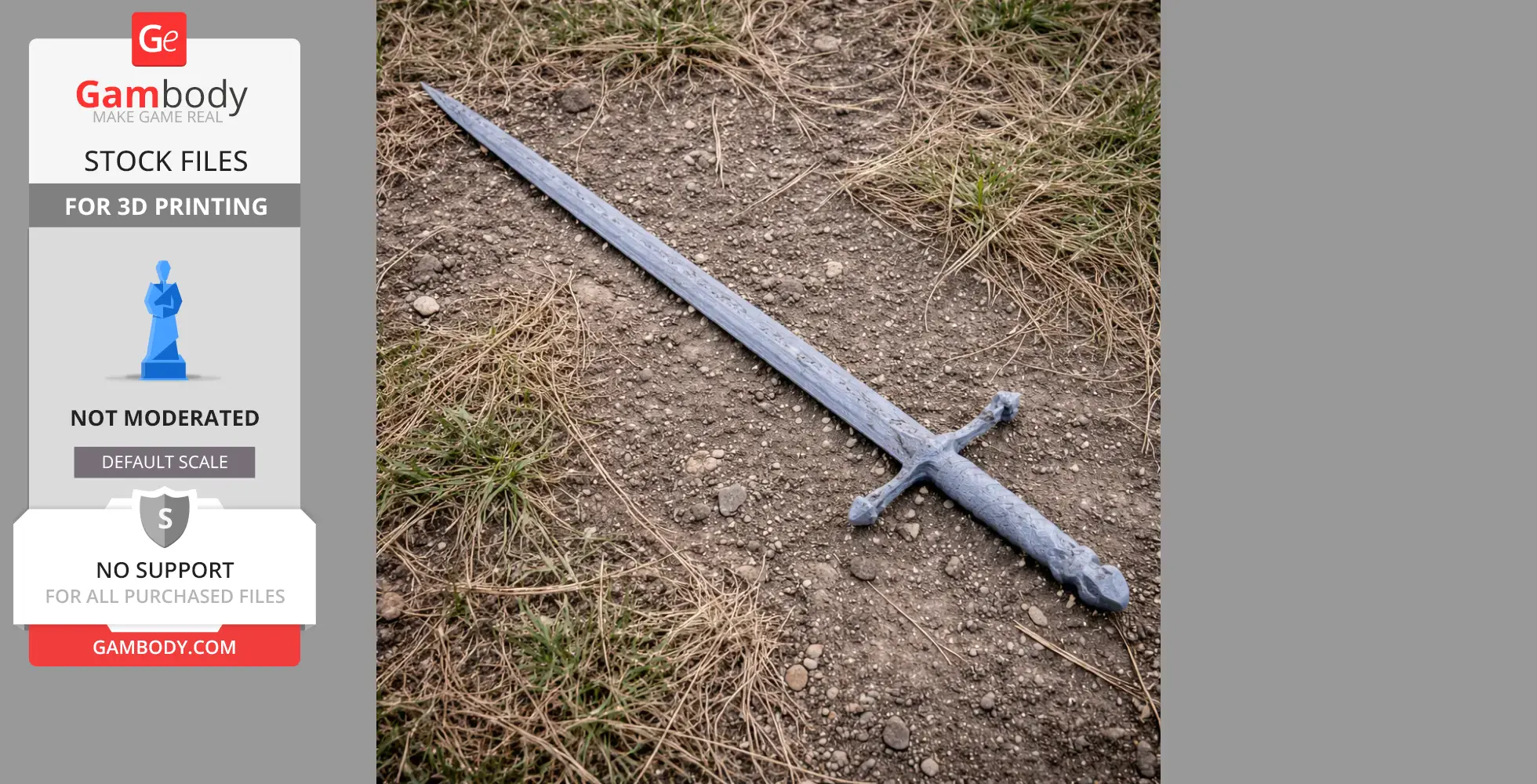 A detailed 3D-printed sword prop with a textured blade and crossguard, lying on grass and gravel.
