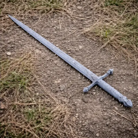 A detailed, metal-like sword prop with a cross-guard, lying on a patch of dirt and sparse grass.