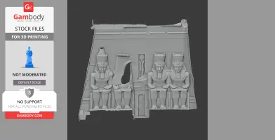 3D model of Abu Simbel temple facade with seated pharaoh statues and detailed architectural elements.