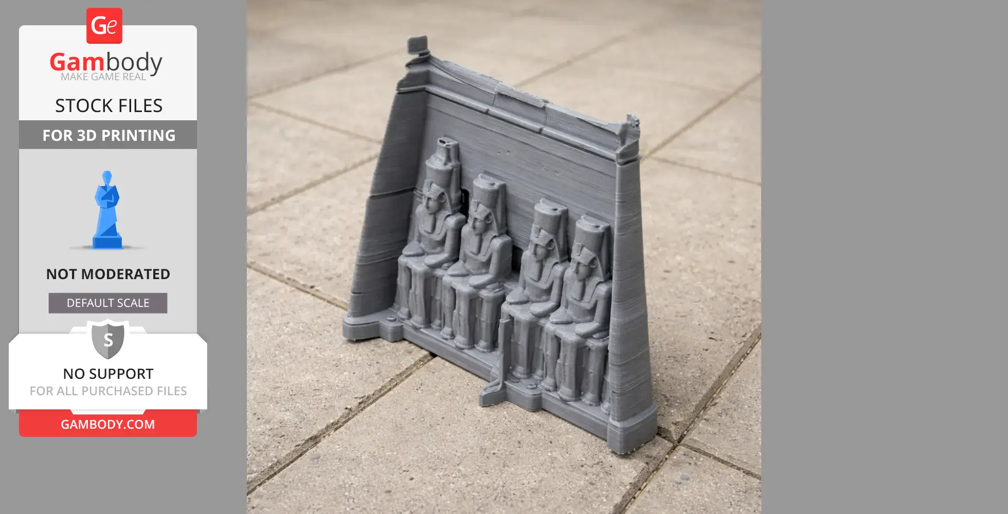 3D printed model of Abu Simbel facade with four seated pharaohs, ready for display.