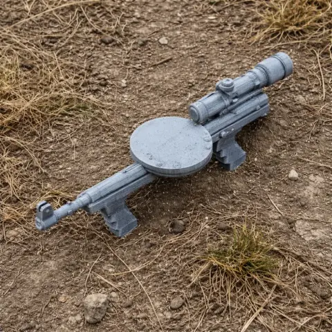 A 3D-printed model of a vintage firearm with a round magazine, lying on dirt with scattered grass.