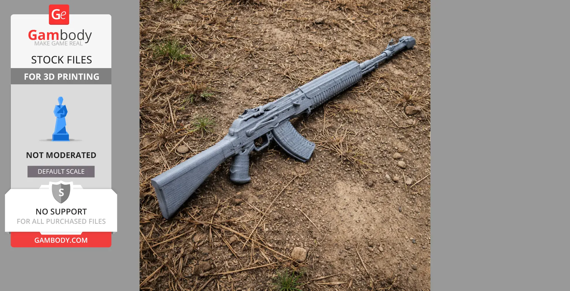 A 3D printed gray AN-94 rifle prop lying on dry ground with sparse grass.