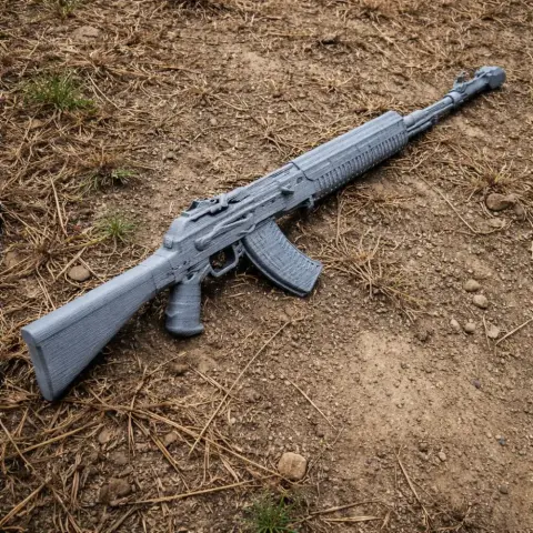 A 3D-printed AN-94 rifle prop replica lies on textured ground.