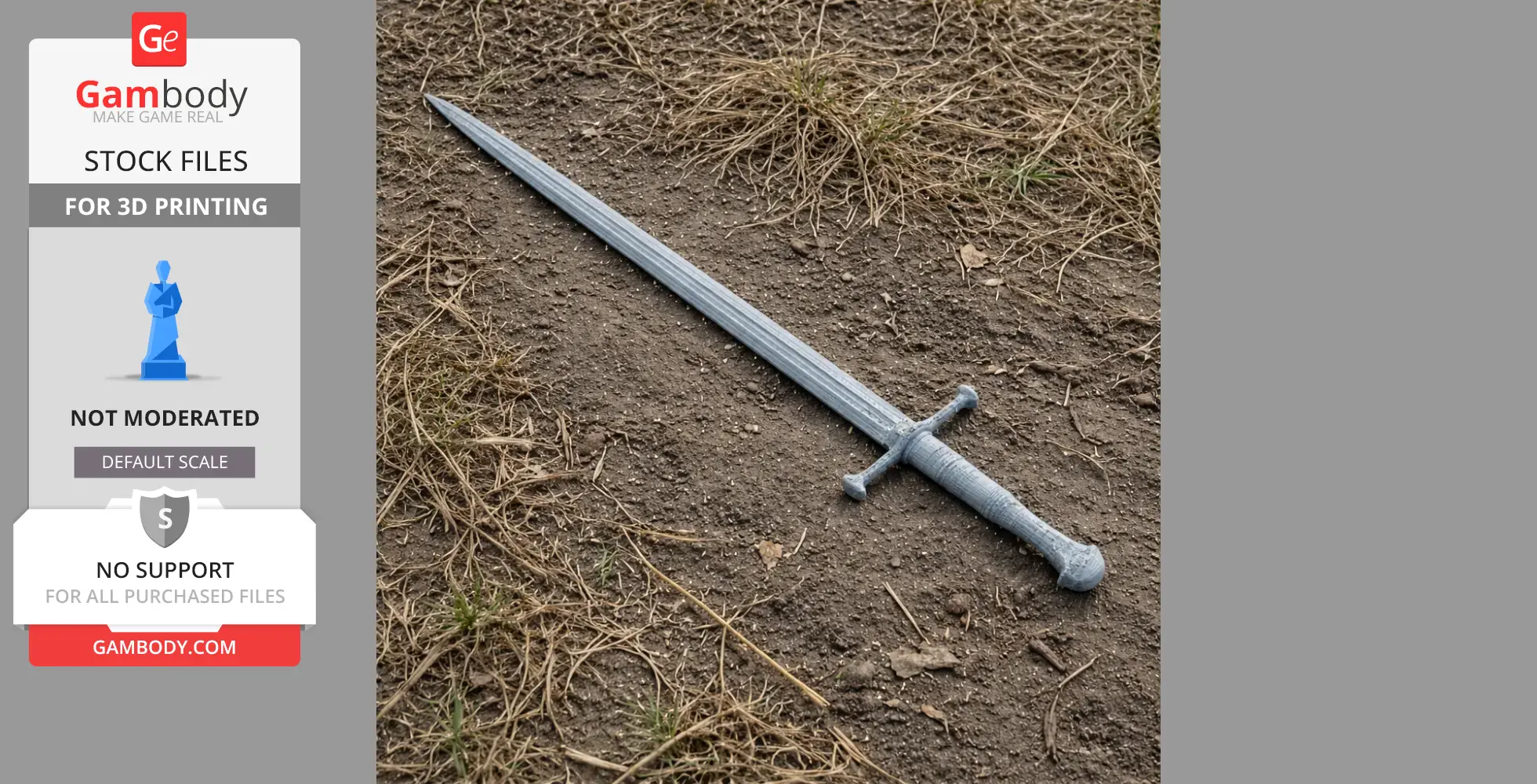 A detailed 3D-printed replica of Anduril sword from Lord of the Rings, placed on dirt outdoors.