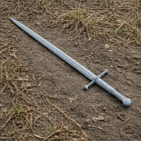 A detailed 3D printed sword prop with a textured handle and blade, lying on dry ground.