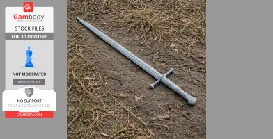 A detailed 3D-printed replica of Anduril sword from Lord of the Rings, placed on dirt outdoors.
