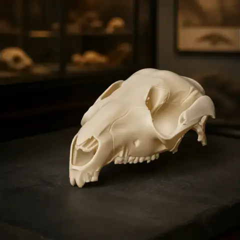 A detailed 3D-printed replica of a swamp wallaby skull on display.