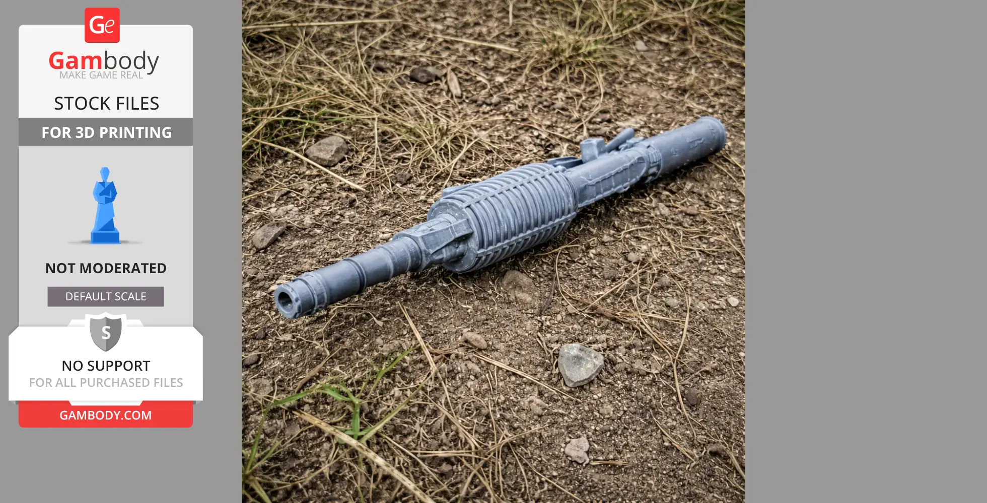 Gray 3D-printed assault rifle prop lying on dirt and grass.