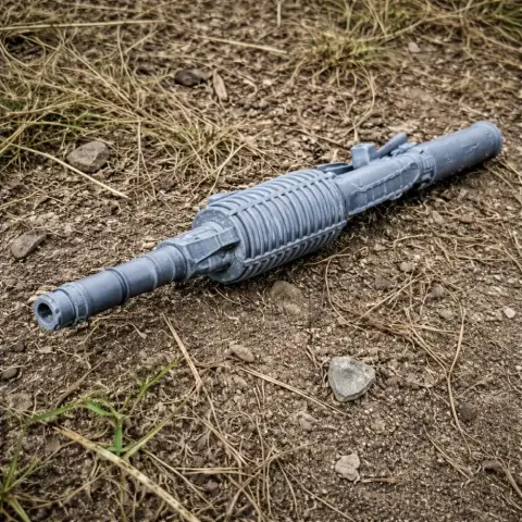 A detailed 3D-printed assault rifle prop lies on the ground, resembling a realistic weapon.