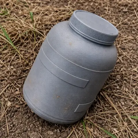 A gray, cylindrical propellant container prop for cosplay, sitting on dry grass and soil.