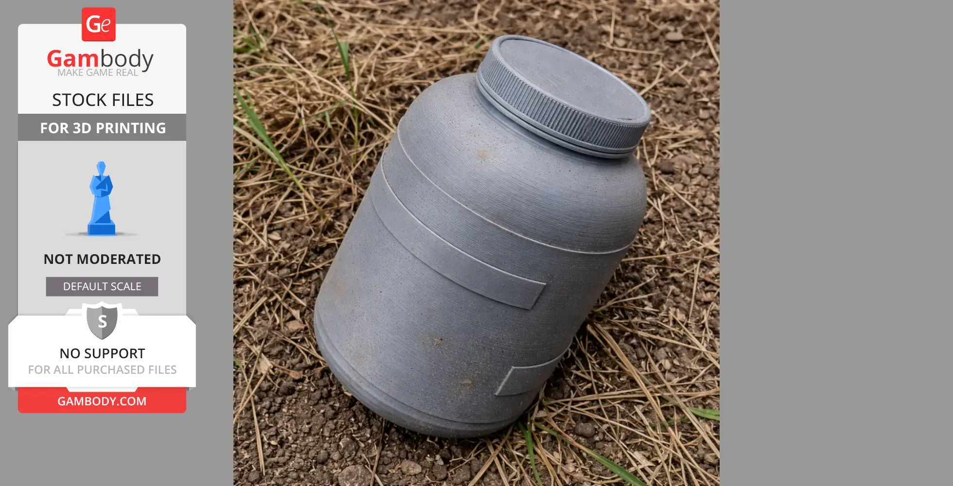 A 3D-printed gray jar with a screw cap, lying on dry grass and earthy ground.
