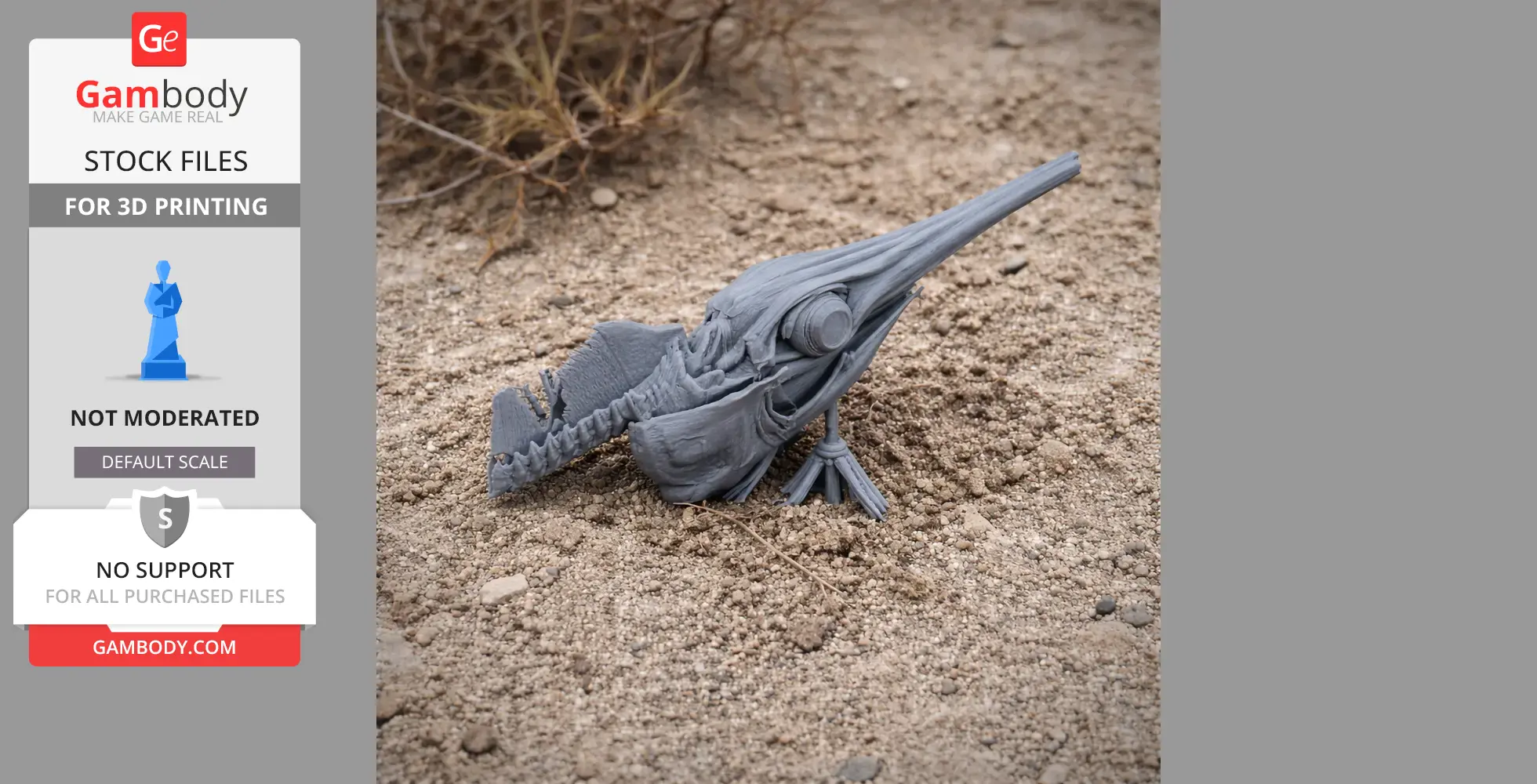 3D printed swordfish skull model displayed on sandy ground.