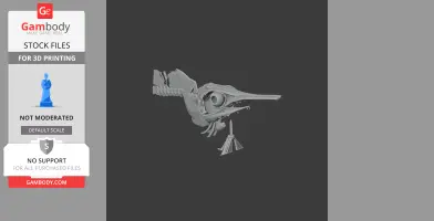 3D model of a detailed swordfish skull on a display stand for printing.