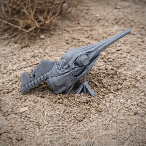 A detailed 3D-printed swordfish skull replica, placed on textured sandy ground.