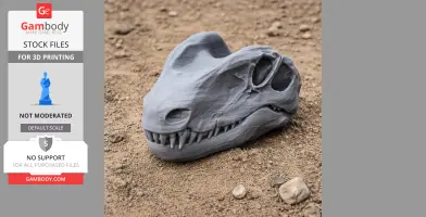 A 3D-printed synapsid skull replica resting on a sandy surface.