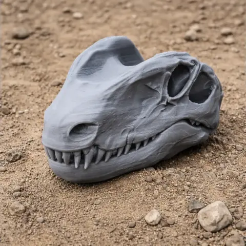 3D-printed synapsid skull replica on rocky ground.