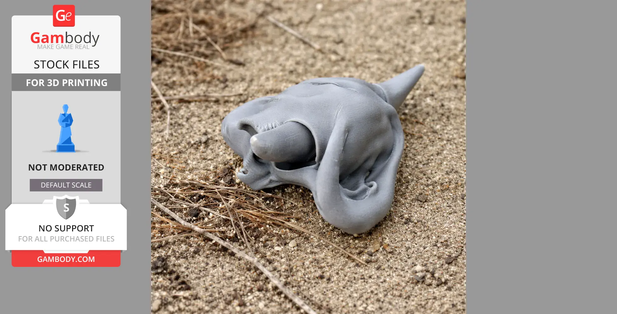 3D-printed Syncerus antiquus skull replica in gray on sandy ground.