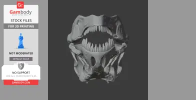 3D model of a T-Rex skull, showcasing upper and lower jaws with sharp teeth, suitable for 3D printing.