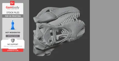 3D model of a T-Rex skull replica for 3D printing, showing detailed teeth and skull structure.