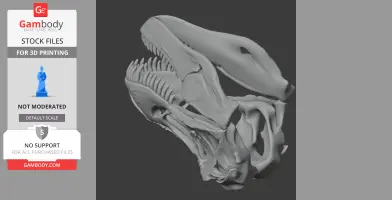 3D model of a T-Rex skull, showing detailed teeth and bone structure, suitable for 3D printing.