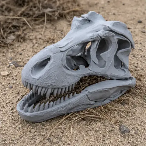 Gray T-Rex skull replica 3D print, detailed texture, placed on sandy ground with dry twigs.